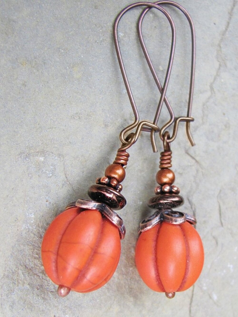 Pumpkin Earrings Fall Autumn Boho Dangle Handmade Copper Orange Stone Earrings - Picture 5 of 9
